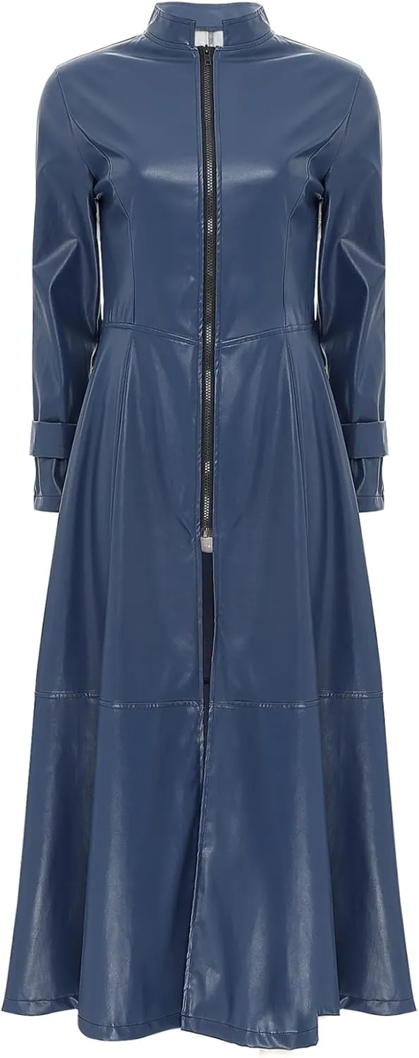 Women's Faux Leather Trench Coat Mock Neck Long Sleeve Full Zip Dress Coat Maxi Jacket Outwear