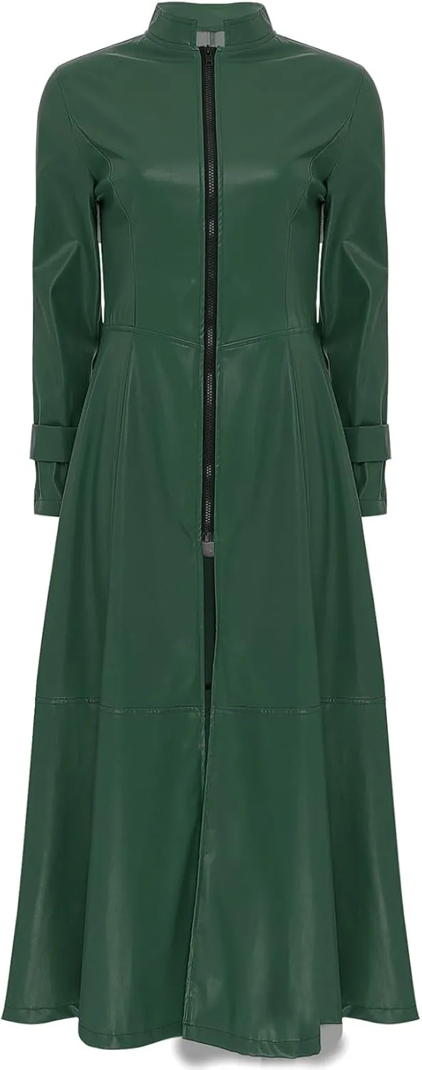 Women's Faux Leather Trench Coat Mock Neck Long Sleeve Full Zip Dress Coat Maxi Jacket Outwear