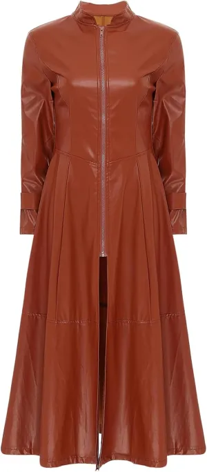 Women's Faux Leather Trench Coat Mock Neck Long Sleeve Full Zip Dress Coat Maxi Jacket Outwear