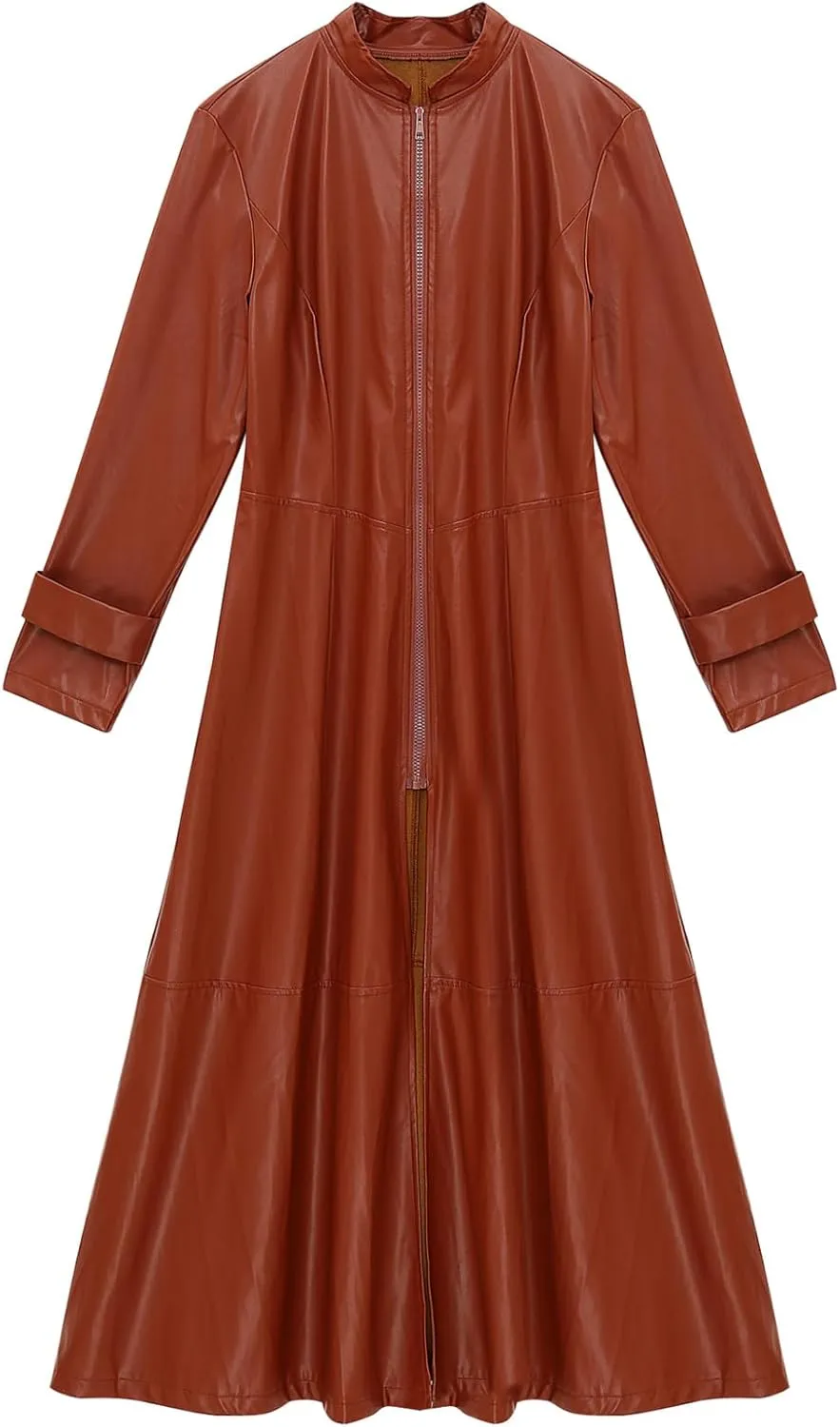 Women's Faux Leather Trench Coat Mock Neck Long Sleeve Full Zip Dress Coat Maxi Jacket Outwear