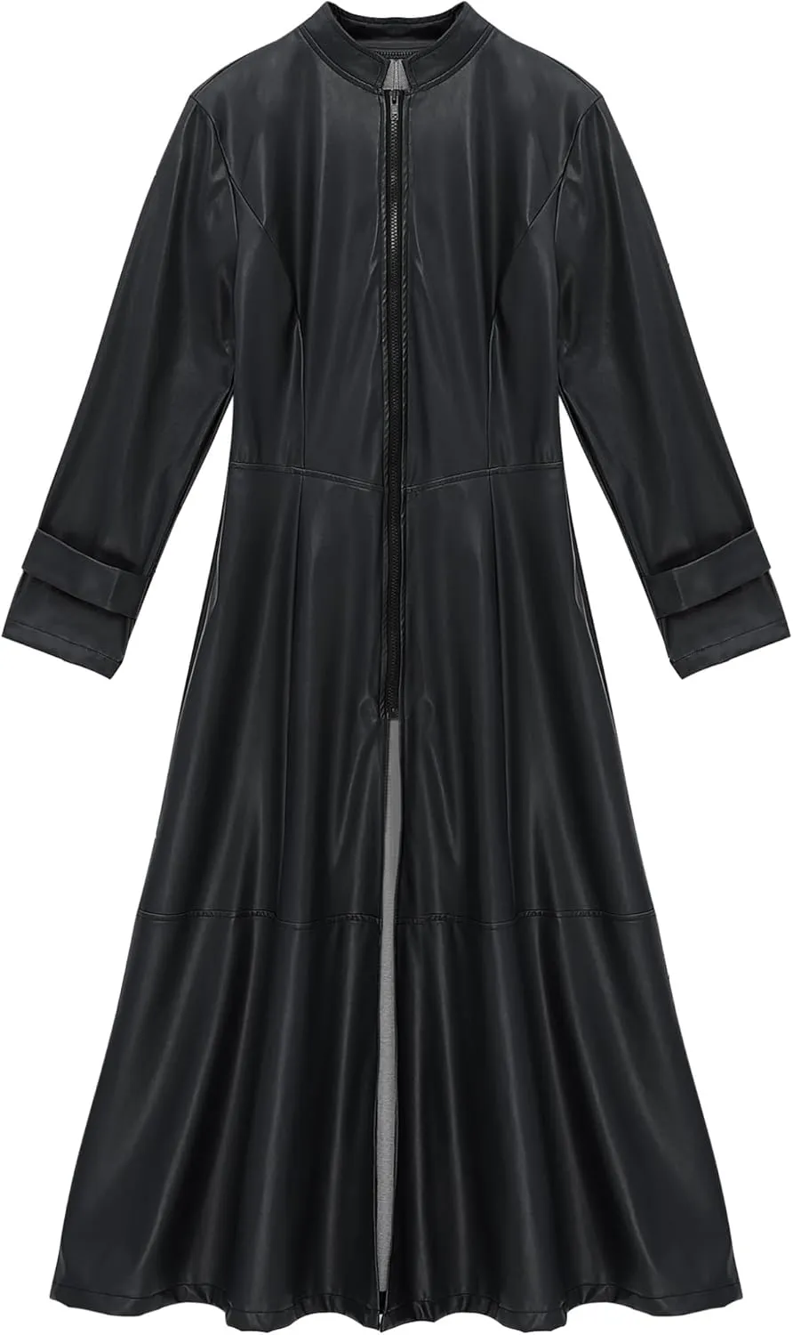 Women's Faux Leather Trench Coat Mock Neck Long Sleeve Full Zip Dress Coat Maxi Jacket Outwear