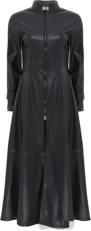 Women's Faux Leather Trench Coat Mock Neck Long Sleeve Full Zip Dress Coat Maxi Jacket Outwear