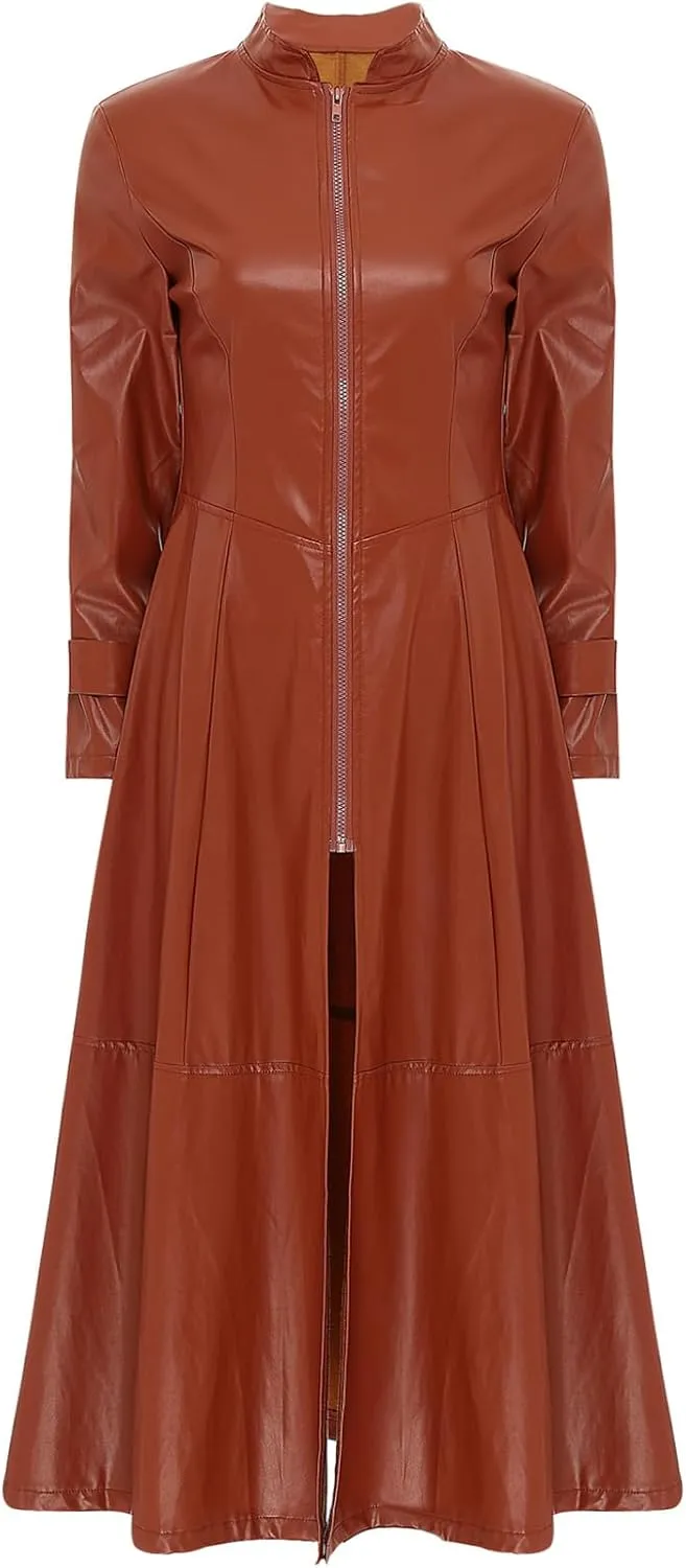 Women's Faux Leather Trench Coat Mock Neck Long Sleeve Full Zip Dress Coat Maxi Jacket Outwear