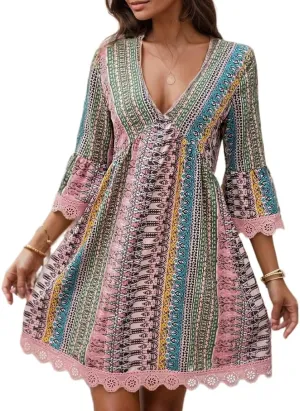 Women's Floral Boho Dresses Casual V Neck Babydoll Dress 3/4 Long Sleeve Summer Swing Ruffle Mini Sundress