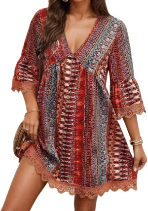 Women's Floral Boho Dresses Casual V Neck Babydoll Dress 3/4 Long Sleeve Summer Swing Ruffle Mini Sundress