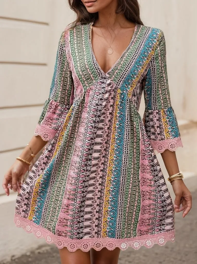 Women's Floral Boho Dresses Casual V Neck Babydoll Dress 3/4 Long Sleeve Summer Swing Ruffle Mini Sundress