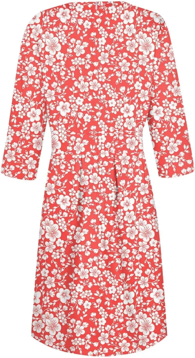 Women's Floral Print A-Line Midi Dress with 3/4 Sleeves Elegant Casual Wear for Spring and Summer Outings