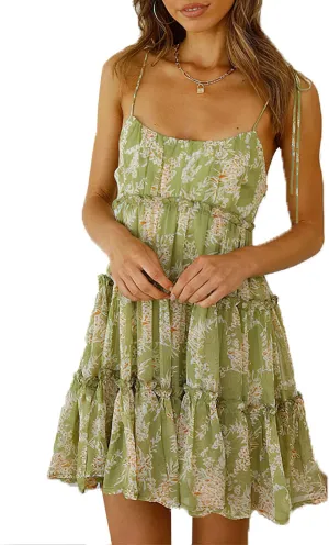 Women's Floral Tie Strap Ruffle Tiered Chiffon Sundress Sleeveless Swing Summer Beach Mini Dress