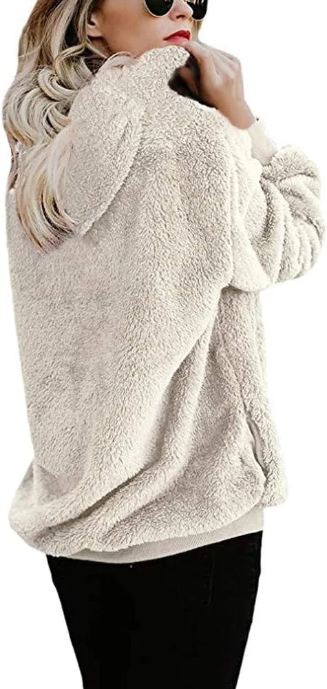 Women's Fuzzy Fleece Hoodies Zip Up Pullover Sherpa Sweatshirt 2023 Fall Winter Casual Oversized Warm Fluffy Coat Plus Size