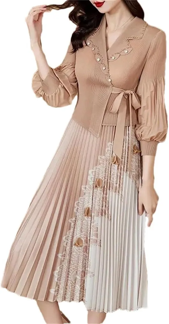Women's High Stretch Pleated Maxi Skirt Solid Color Notch Neck Print Slim Fit A-Line Skirt