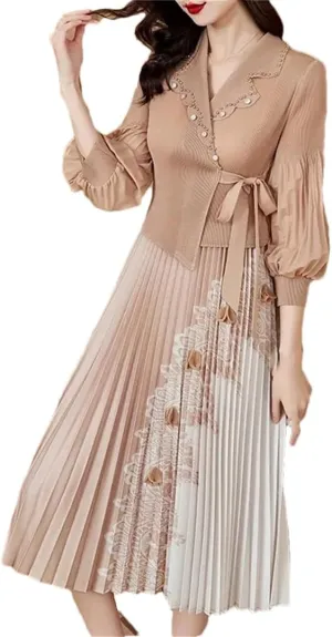 Women's High Stretch Pleated Maxi Skirt Solid Color Notch Neck Print Slim Fit A-Line Skirt