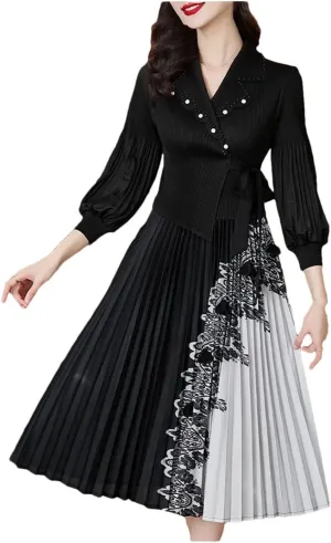 Women's High Stretch Pleated Maxi Skirt Solid Color Notch Neck Print Slim Fit A-Line Skirt