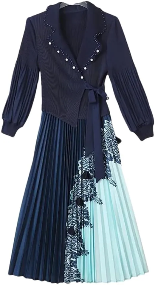 Women's High Stretch Pleated Maxi Skirt Solid Color Notch Neck Print Slim Fit A-Line Skirt