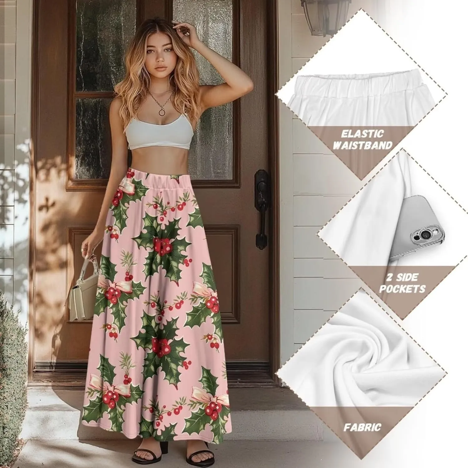 Women's High Waist A-Line Skirt Polyester Maxi Skirt with Pockets for Walking Vacation Travel