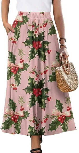 Women's High Waist A-Line Skirt Polyester Maxi Skirt with Pockets for Walking Vacation Travel