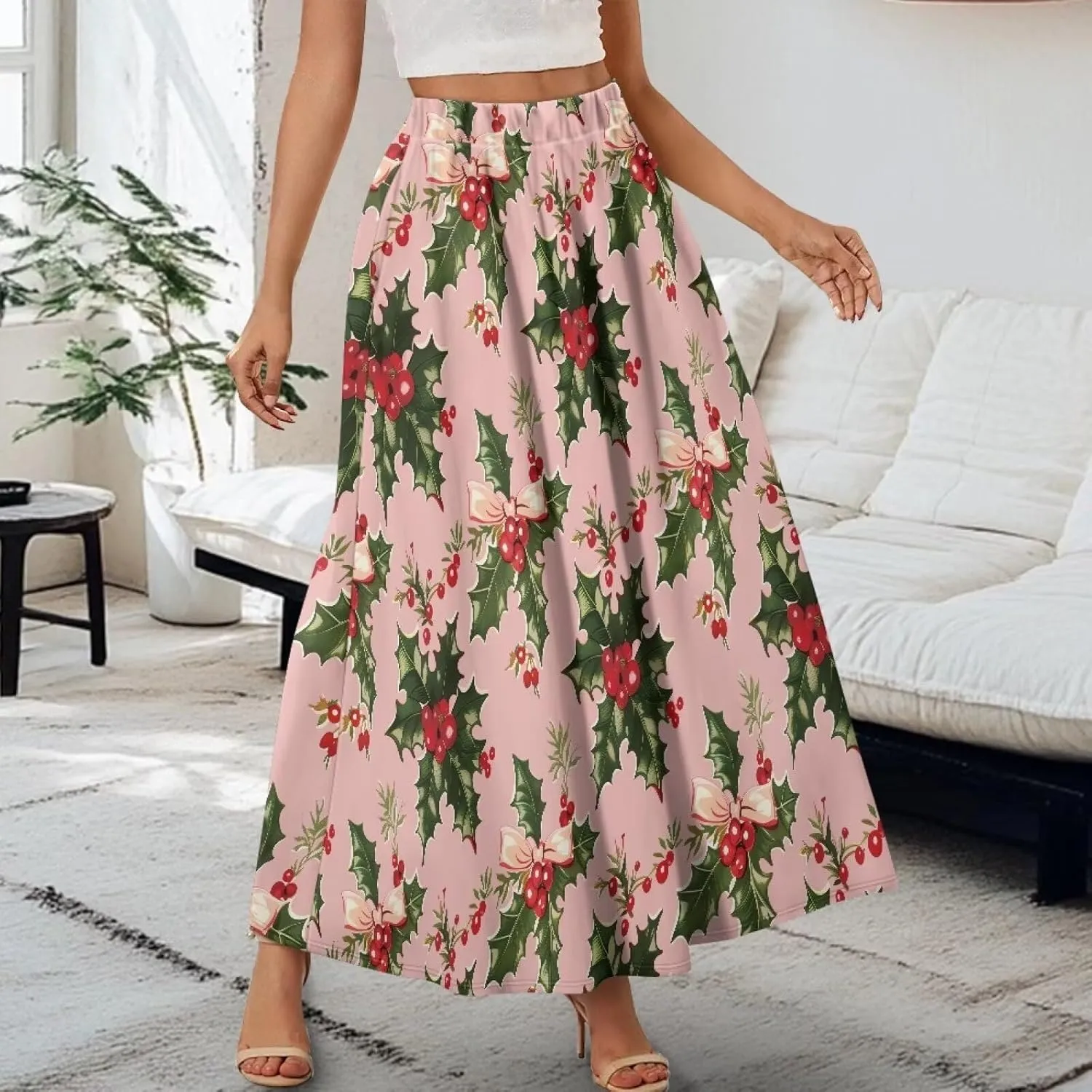 Women's High Waist A-Line Skirt Polyester Maxi Skirt with Pockets for Walking Vacation Travel