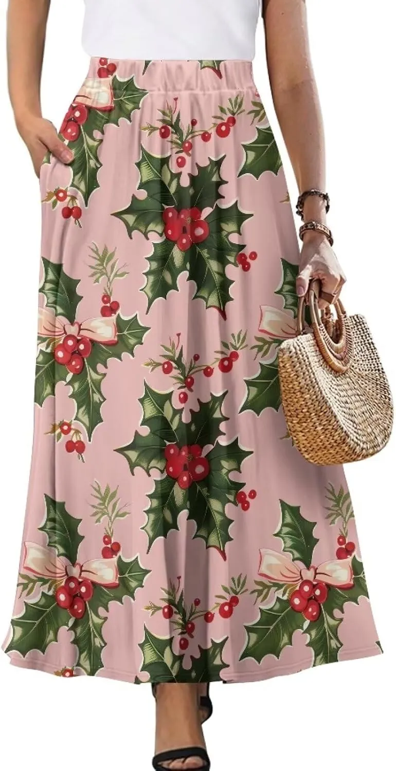 Women's High Waist A-Line Skirt Polyester Maxi Skirt with Pockets for Walking Vacation Travel