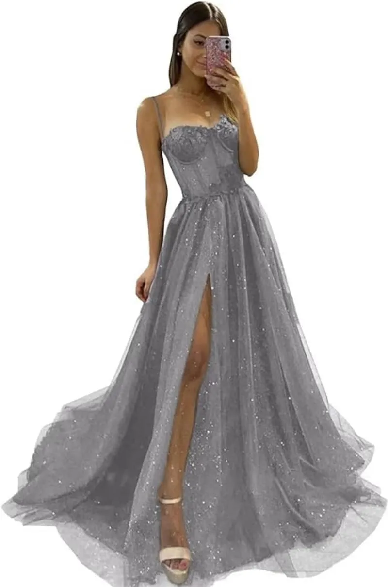 Women's Lace Appliqued Silver Prom Dresses Long with Slit Spaghetti Straps Corset Formal Party Gowns