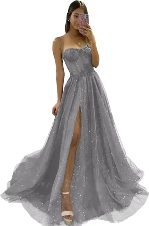 Women's Lace Appliqued Silver Prom Dresses Long with Slit Spaghetti Straps Corset Formal Party Gowns