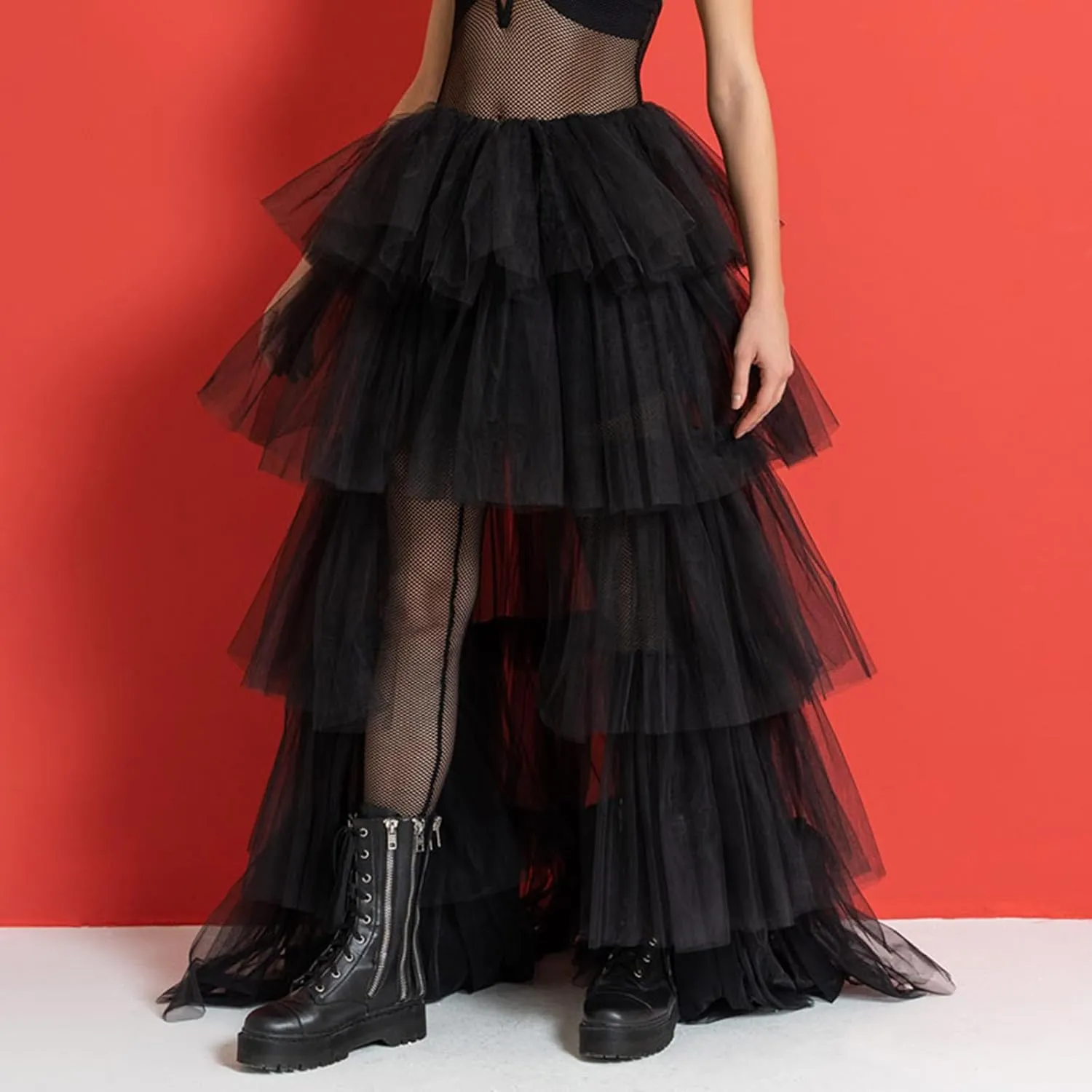 Women's Layered Tulle Long Skirt High Waist Maxi Skirt High Low Hem Tiered Long Skirts for Wedding Party Club