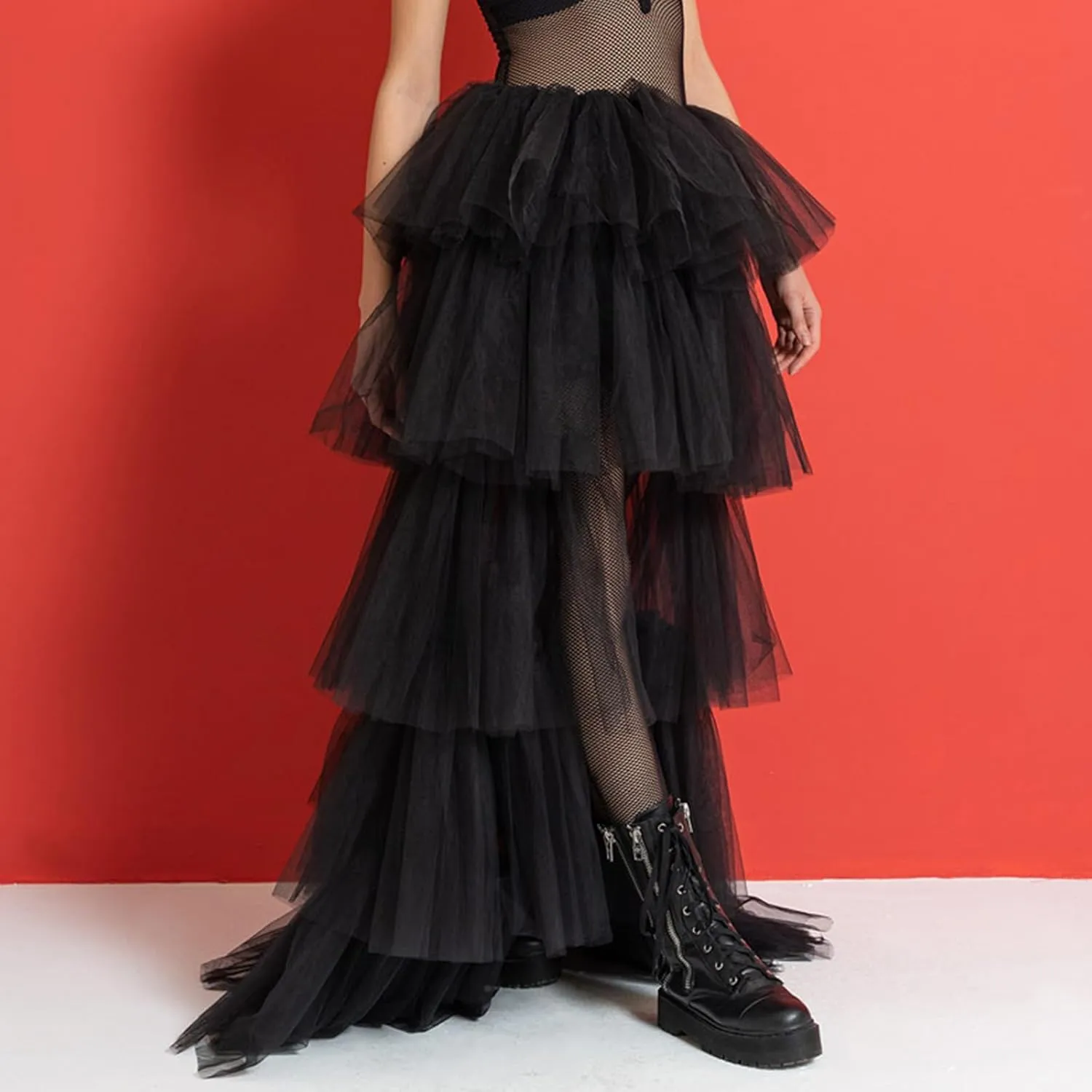 Women's Layered Tulle Long Skirt High Waist Maxi Skirt High Low Hem Tiered Long Skirts for Wedding Party Club