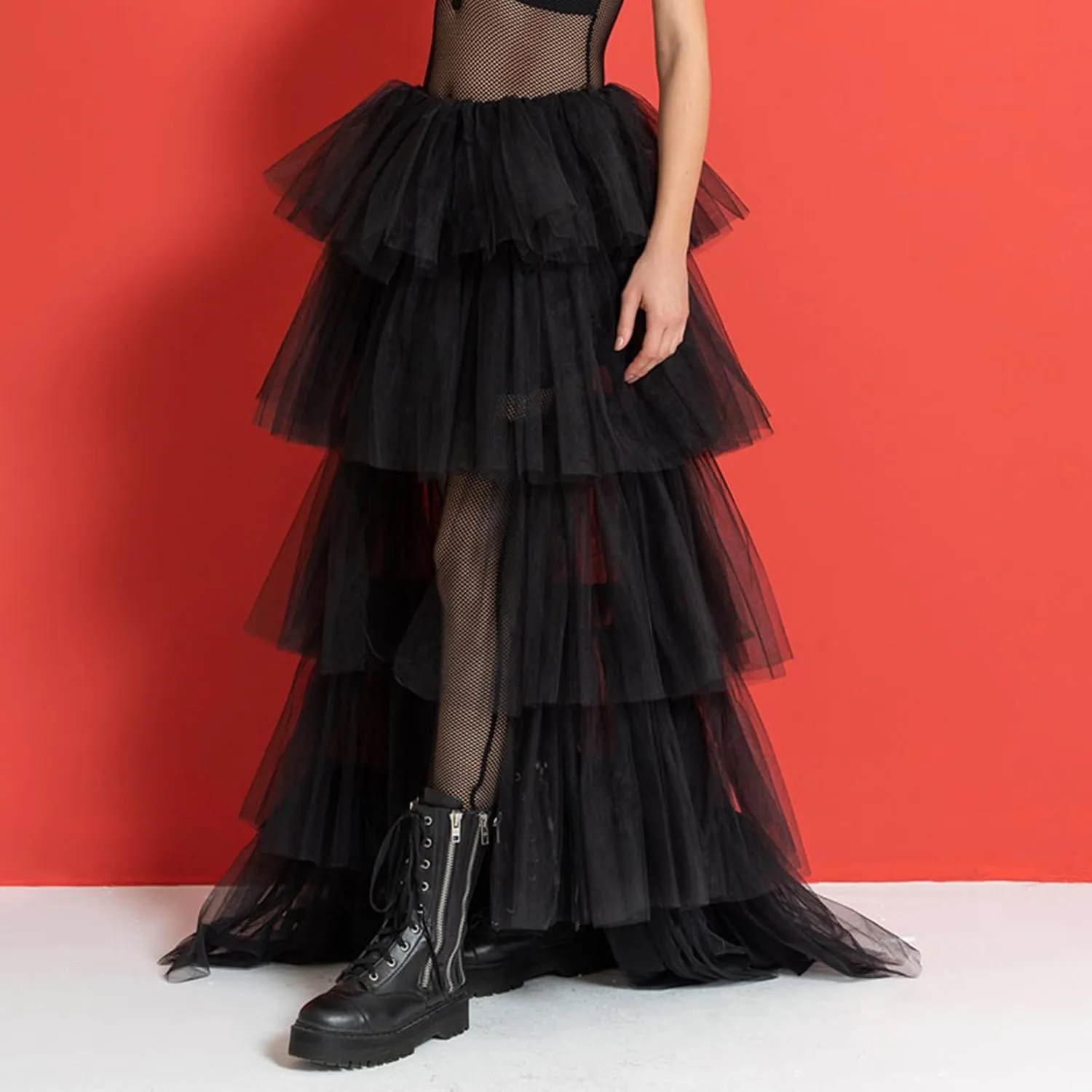 Women's Layered Tulle Long Skirt High Waist Maxi Skirt High Low Hem Tiered Long Skirts for Wedding Party Club