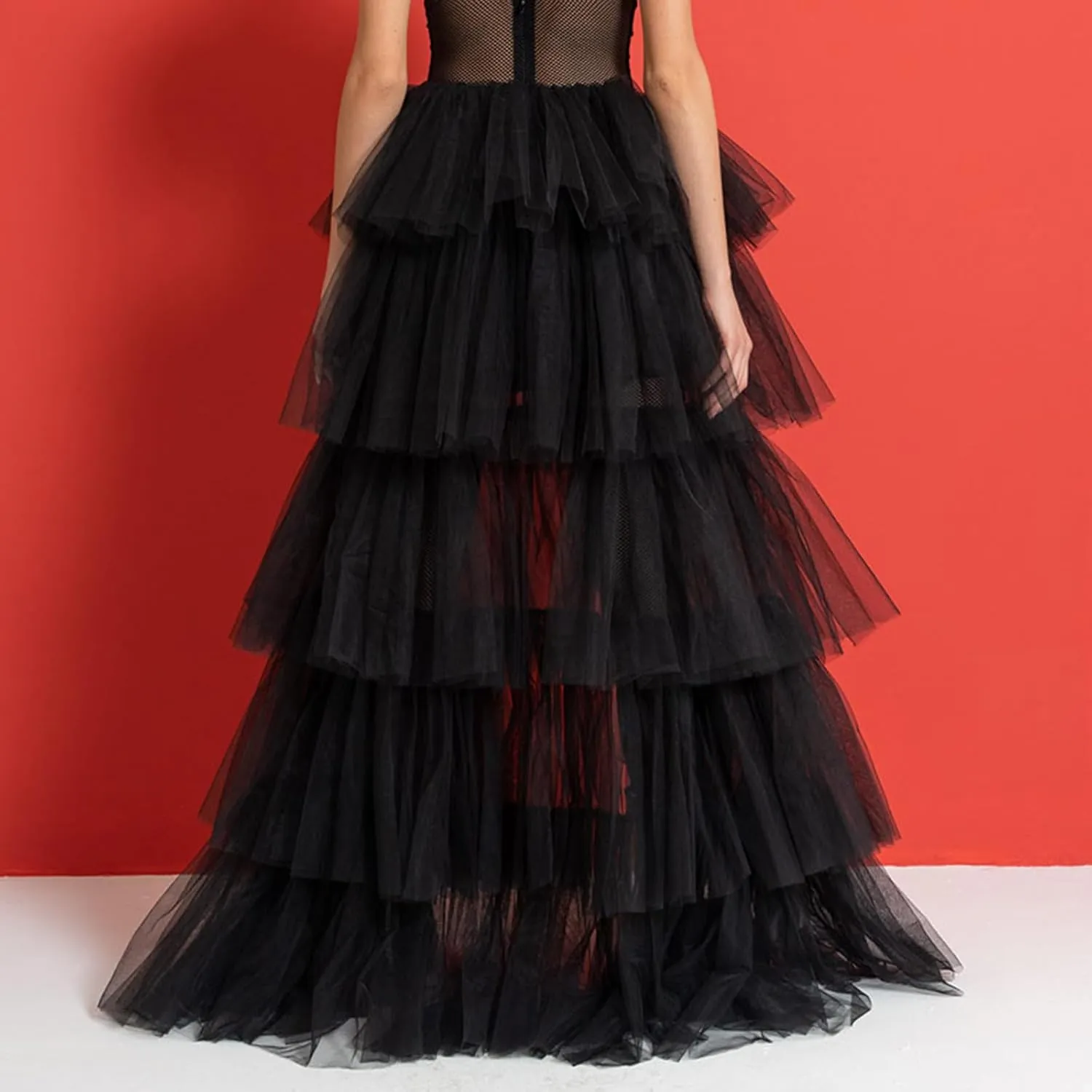 Women's Layered Tulle Long Skirt High Waist Maxi Skirt High Low Hem Tiered Long Skirts for Wedding Party Club