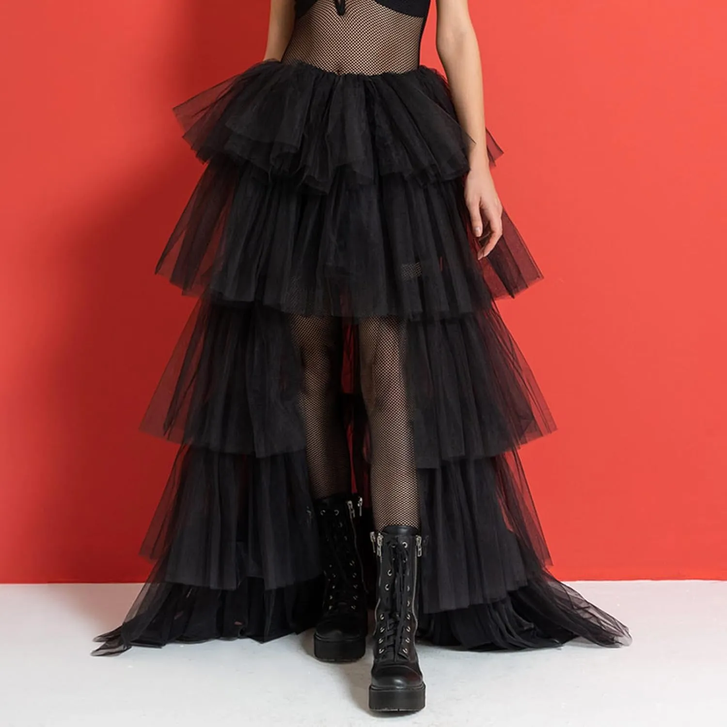 Women's Layered Tulle Long Skirt High Waist Maxi Skirt High Low Hem Tiered Long Skirts for Wedding Party Club