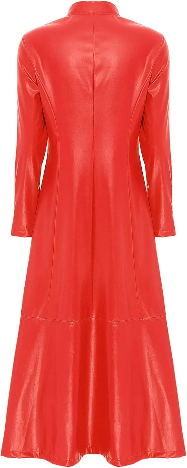 Women's Leather Jacket Coat Long Trench Coat Dress Front Zipper Stand Collar Cosume Outwear