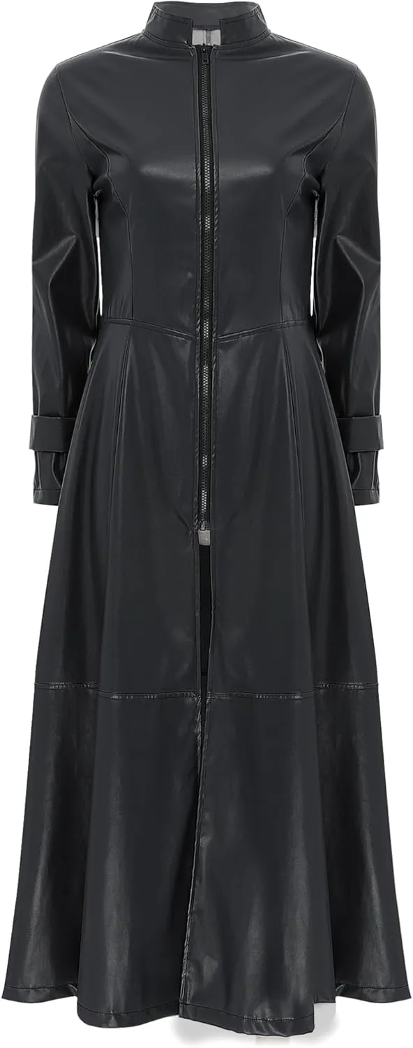 Women's Leather Jacket Coat Long Trench Coat Dress Front Zipper Stand Collar Cosume Outwear