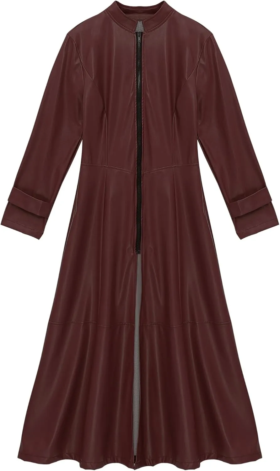 Women's Leather Jacket Coat Long Trench Coat Dress Front Zipper Stand Collar Cosume Outwear