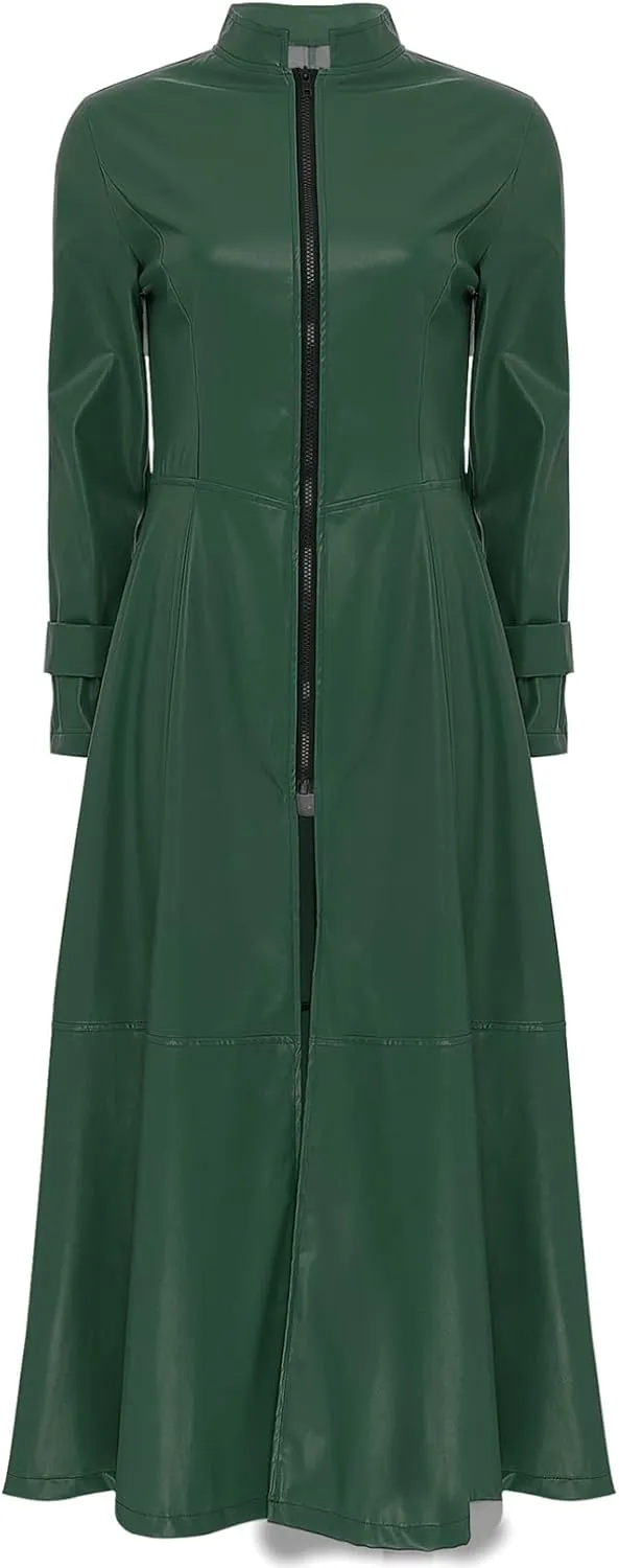 Women's Leather Jacket Coat Long Trench Coat Dress Front Zipper Stand Collar Cosume Outwear