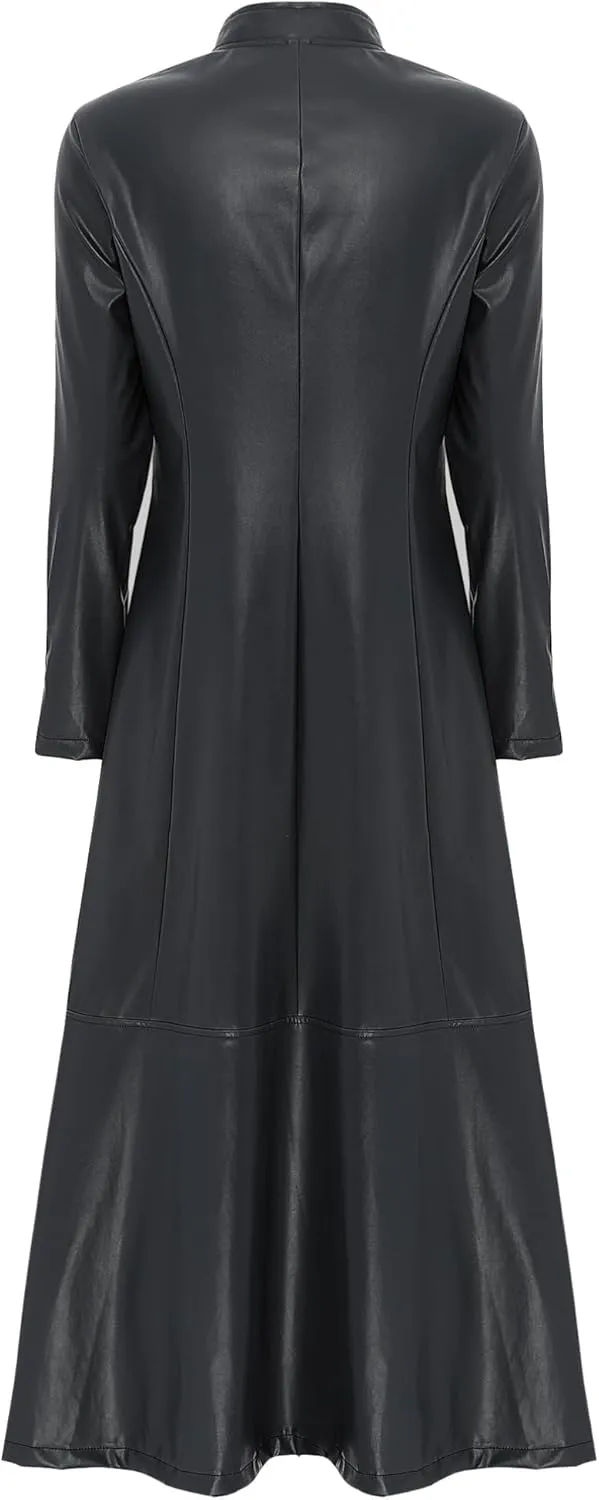 Women's Leather Jacket Coat Long Trench Coat Dress Front Zipper Stand Collar Cosume Outwear