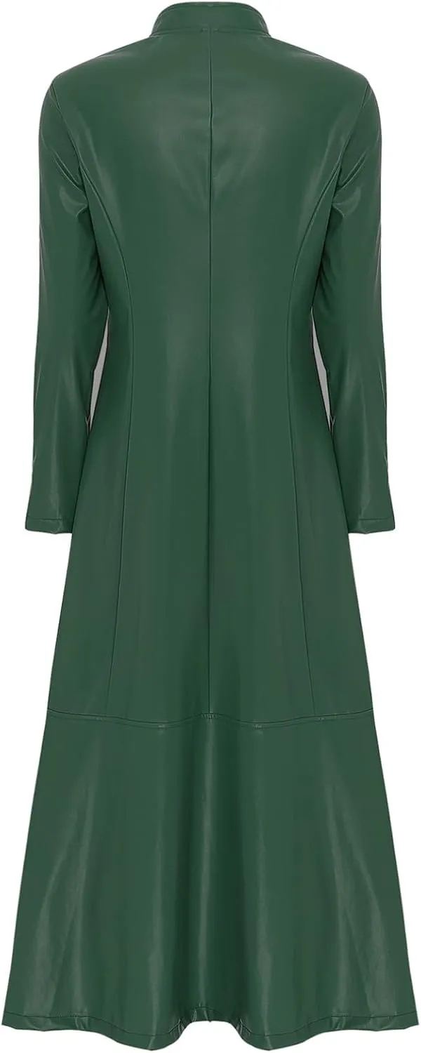 Women's Leather Jacket Coat Long Trench Coat Dress Front Zipper Stand Collar Cosume Outwear