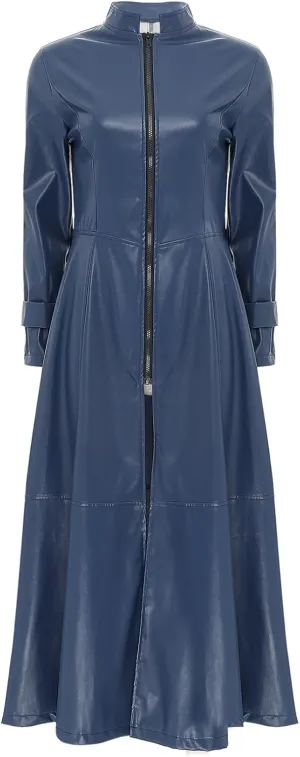 Women's Leather Jacket Coat Long Trench Coat Dress Front Zipper Stand Collar Cosume Outwear