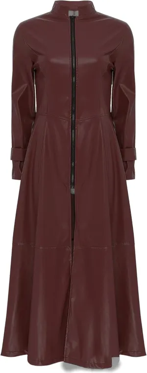 Women's Leather Jacket Coat Long Trench Coat Dress Front Zipper Stand Collar Cosume Outwear