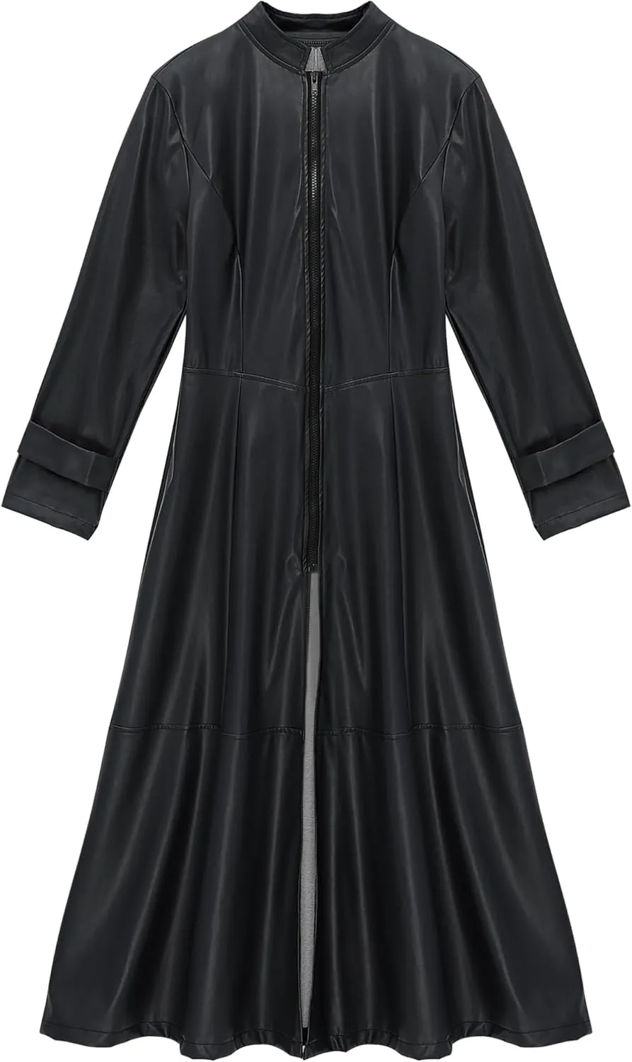 Women's Leather Jacket Coat Long Trench Coat Dress Front Zipper Stand Collar Cosume Outwear