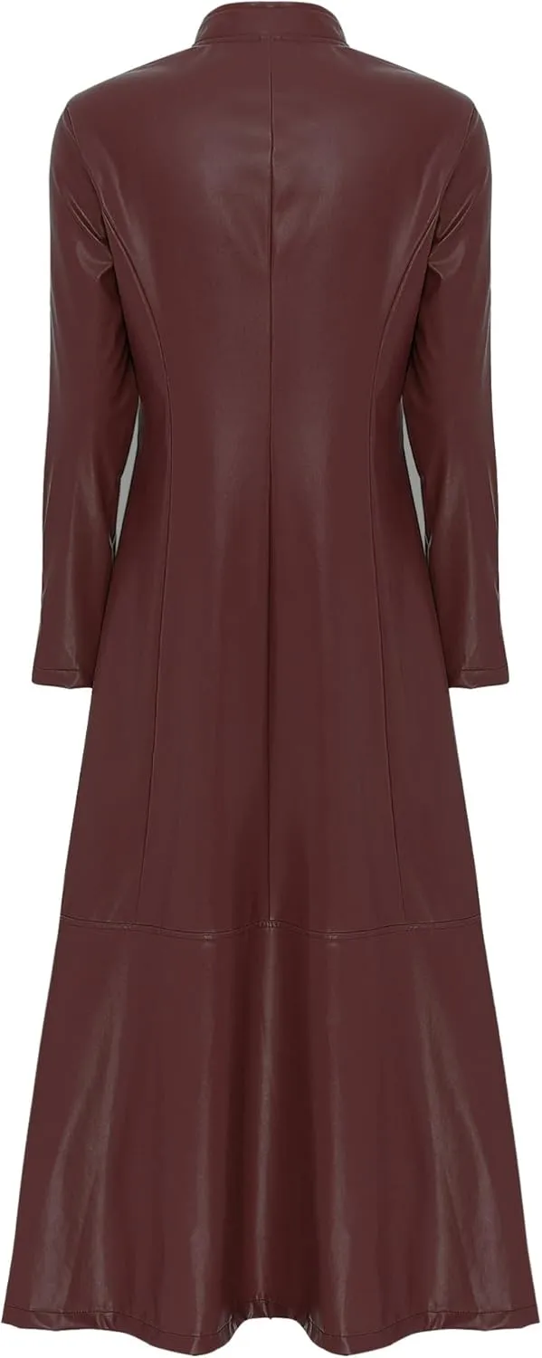 Women's Leather Jacket Coat Long Trench Coat Dress Front Zipper Stand Collar Cosume Outwear