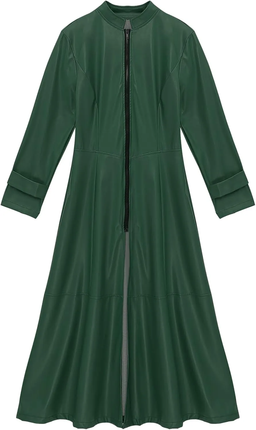 Women's Leather Jacket Coat Long Trench Coat Dress Front Zipper Stand Collar Cosume Outwear