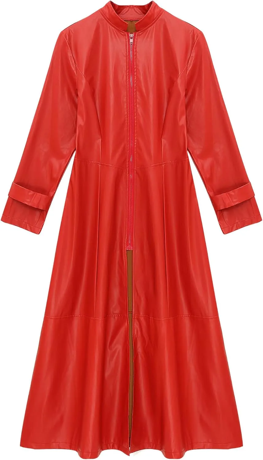 Women's Leather Jacket Coat Long Trench Coat Dress Front Zipper Stand Collar Cosume Outwear