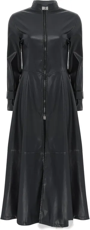 Women's Leather Jacket Coat Long Trench Coat Dress Front Zipper Stand Collar Cosume Outwear