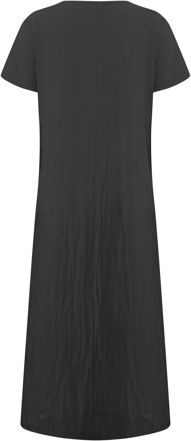 Women's Linen Midi Dress Oversized Short Sleeve Sundress Baggy Tunic Dresses with Pockets Holiday Gauze Dress for Women 2025