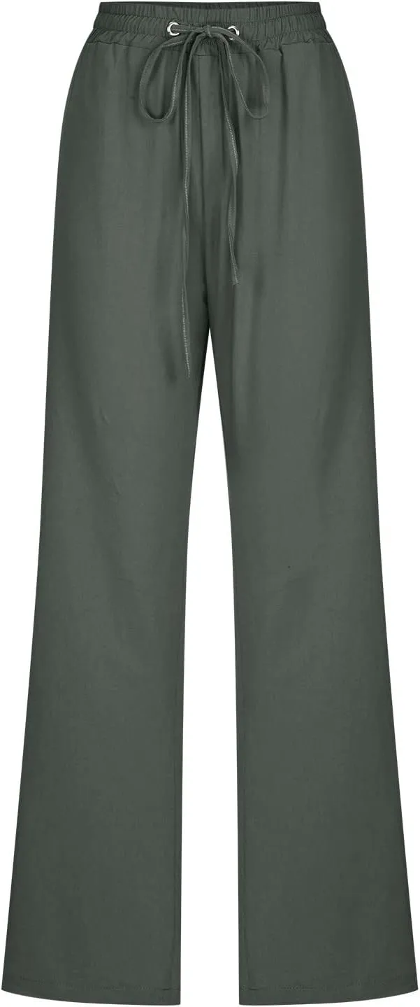 Womens Linen Pants Casual Drawstring Elastic Wide Leg Pants High Waist Pants Loose Fit Lounge Trousers with Pockets