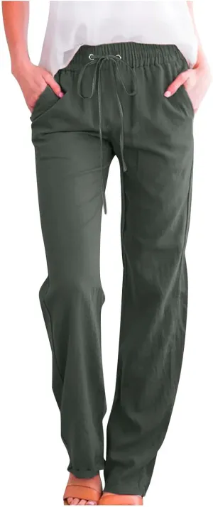 Womens Linen Pants Casual Drawstring Elastic Wide Leg Pants High Waist Pants Loose Fit Lounge Trousers with Pockets