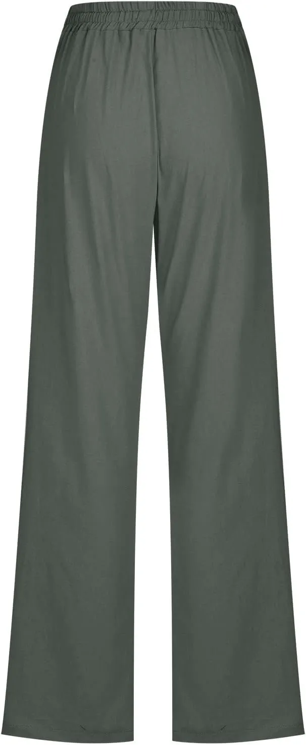 Womens Linen Pants Casual Drawstring Elastic Wide Leg Pants High Waist Pants Loose Fit Lounge Trousers with Pockets