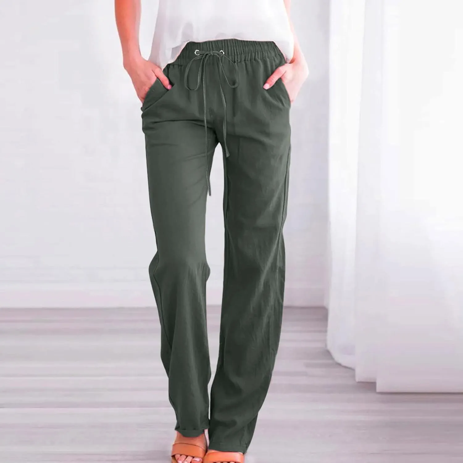 Womens Linen Pants Casual Drawstring Elastic Wide Leg Pants High Waist Pants Loose Fit Lounge Trousers with Pockets