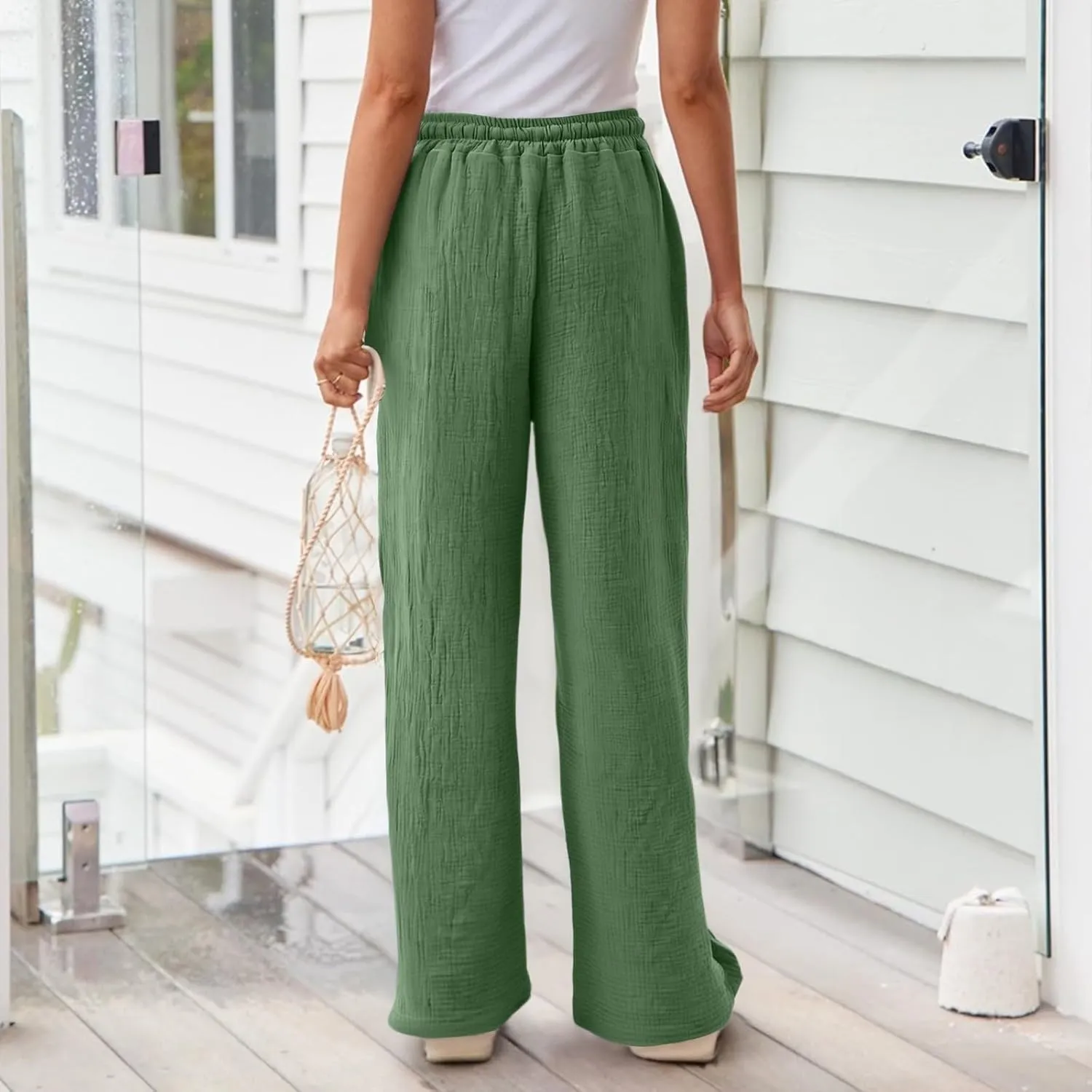 Womens Linen Pants Straight Leg Elastic Drawstring Casual Trousers Beach Lounge Pants with Pockets