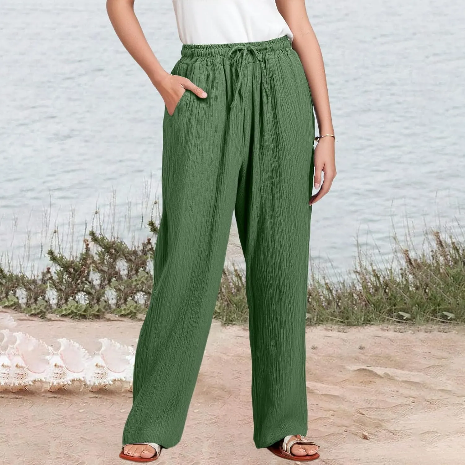 Womens Linen Pants Straight Leg Elastic Drawstring Casual Trousers Beach Lounge Pants with Pockets