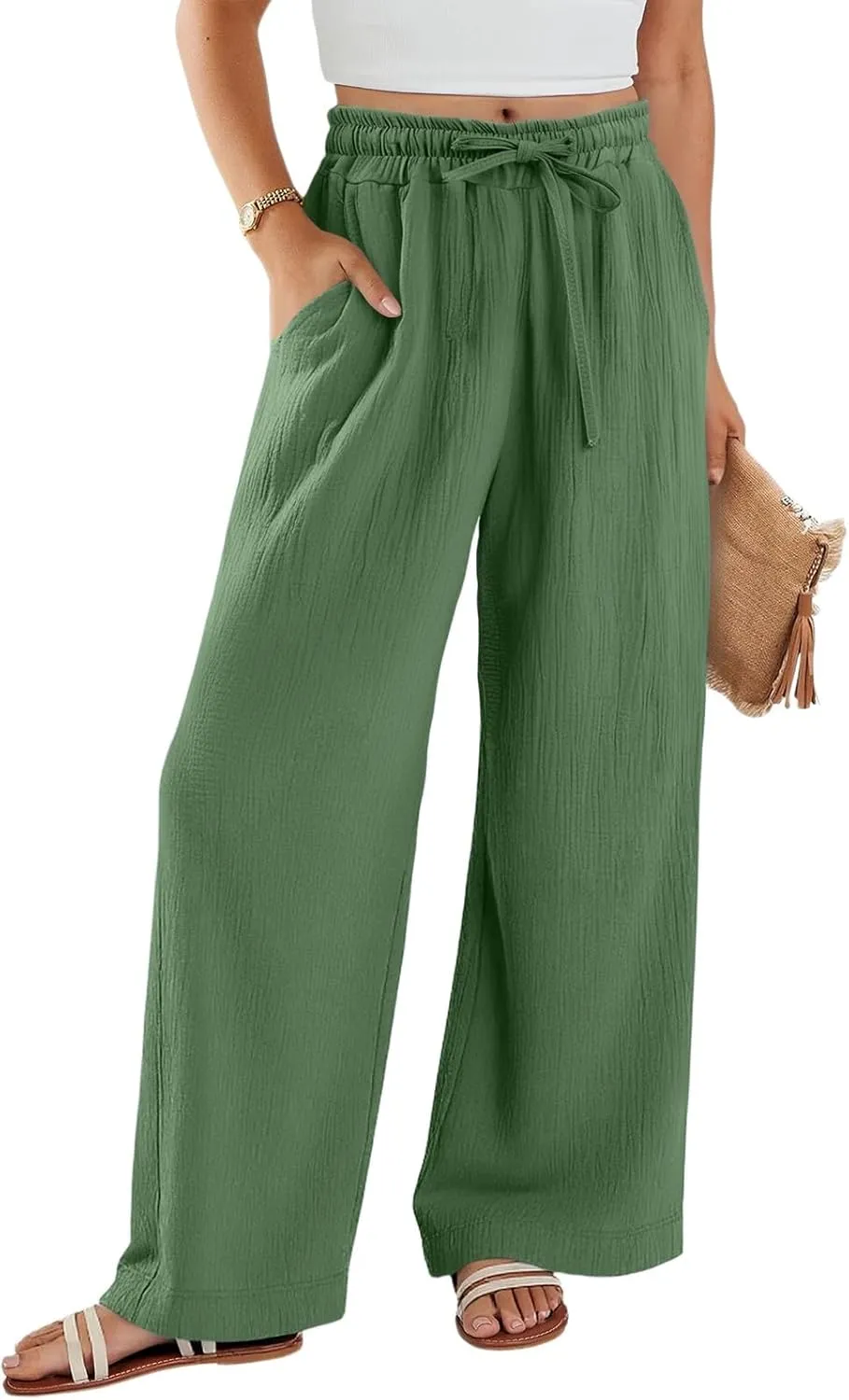 Womens Linen Pants Straight Leg Elastic Drawstring Casual Trousers Beach Lounge Pants with Pockets