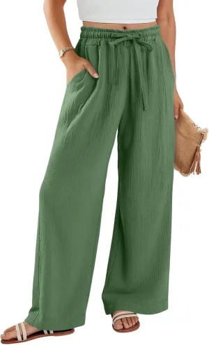 Womens Linen Pants Straight Leg Elastic Drawstring Casual Trousers Beach Lounge Pants with Pockets